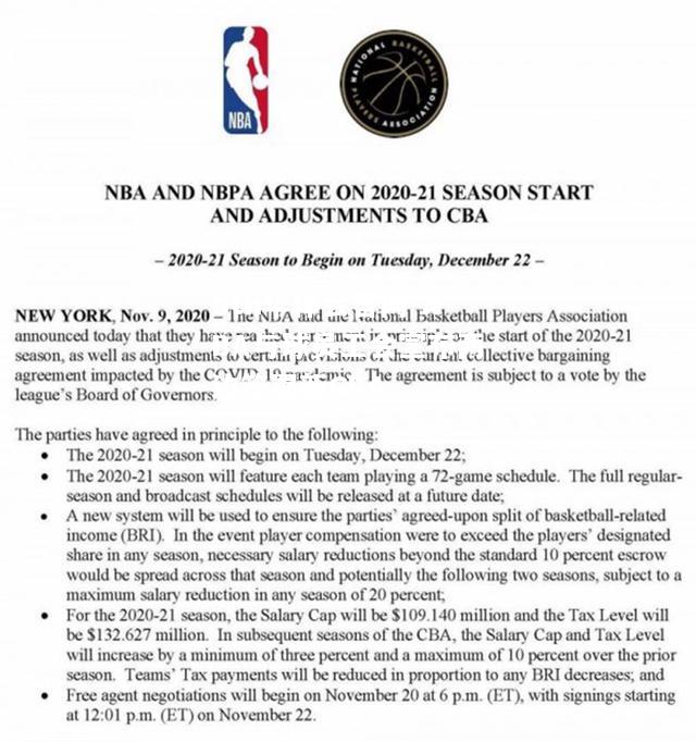 NBA与球员工会宣布两边签署新CBA